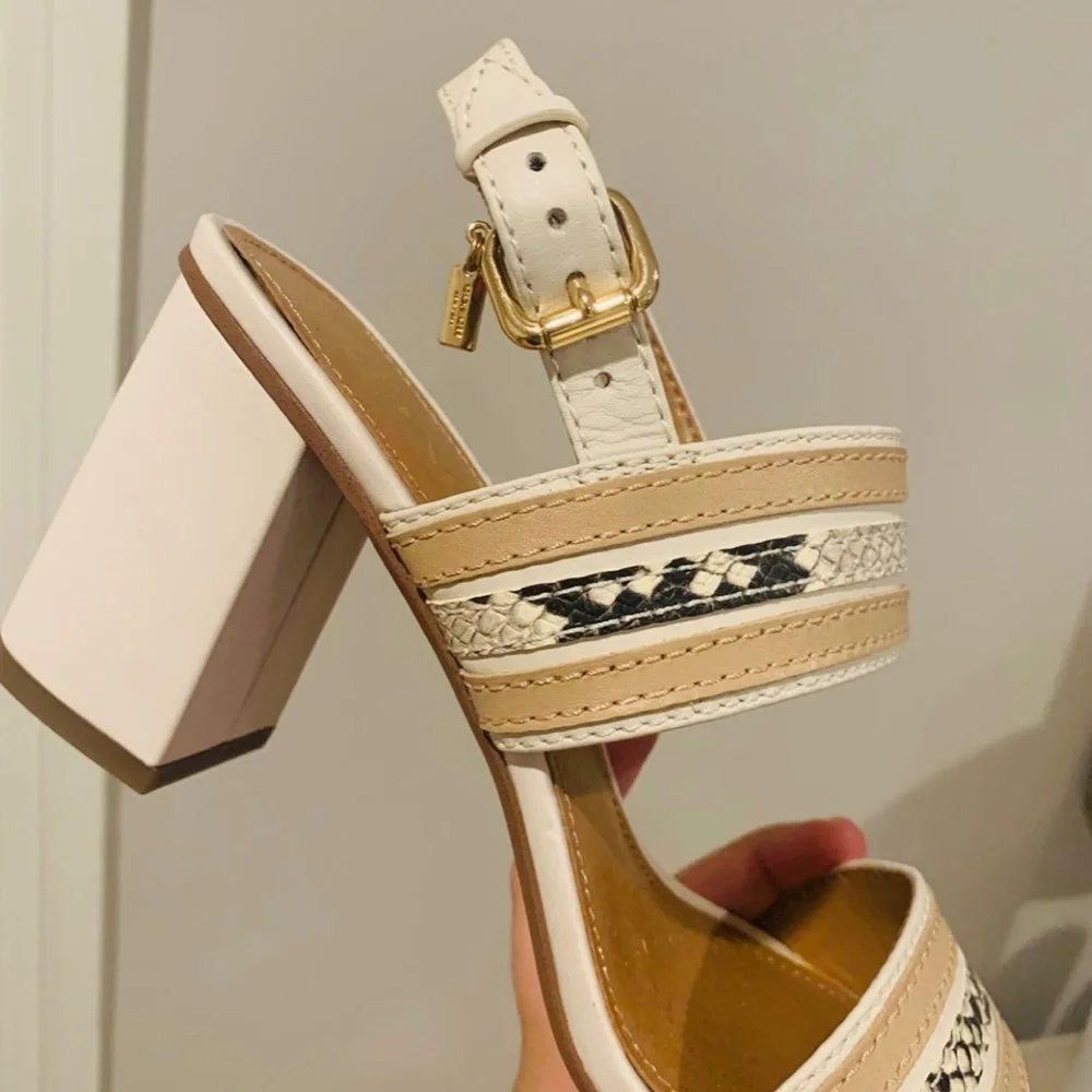COACH Women's Beige and Cream Leather Block Heel Sandals